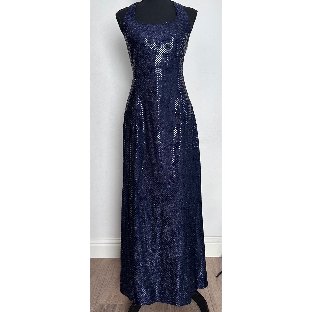 Jessica McClintock Gunne Sax Navy Sequin Halter Maxi Dress Gown 11/12 Y2K Glam